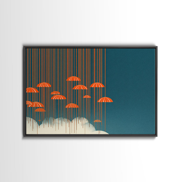 Orange Umbrella Rainfall Canvas Print, Teal Sky Cloudscape Wall Decor, Midcentury Modern Art, Retro Graphic Poster For Living Room