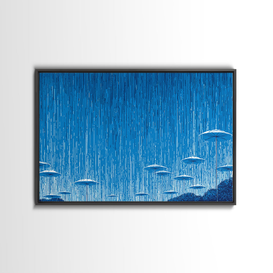Blue Monsoon Umbrella Rain Wall Art, White Parasol Storm Scene, Modern Abstract Art Print, Coastal Bedroom Wall Decor Poster