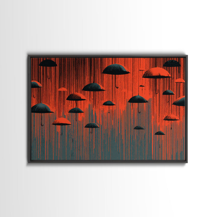Red And Black Umbrella Storm Framed Canvas Print, Dramatic Rain Wall Art, Modern Abstract Poster, Bold MCM Wall Decor Print