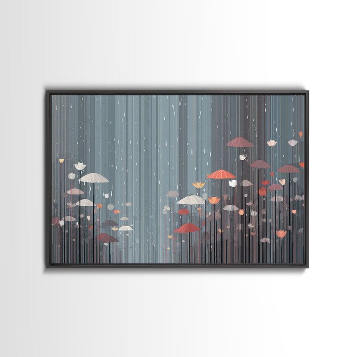 Soft Gray Floral Umbrella Rain Wall Art, Moody Botanical Storm Scene, Modern Home Decor, Bedroom Framed Canvas Print Poster