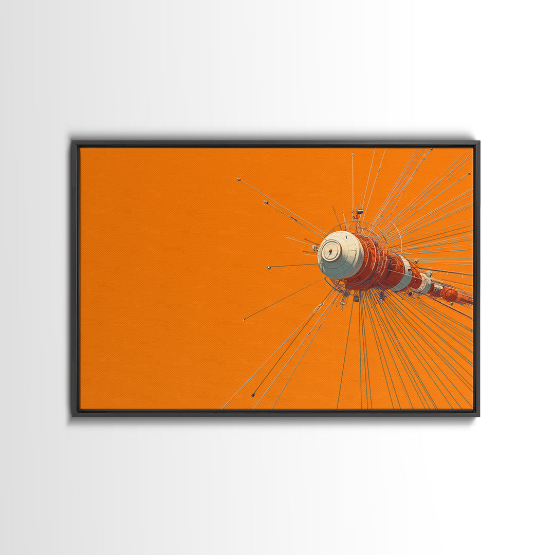 Orange Retro Space Satellite Canvas Print, Sputnik Inspired Antenna Wall Art, Modern Sci Fi Poster, Midcentury Decor Gift