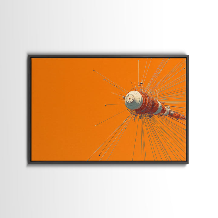 Orange Retro Space Satellite Canvas Print, Sputnik Inspired Antenna Wall Art, Modern Sci Fi Poster, Midcentury Decor Gift