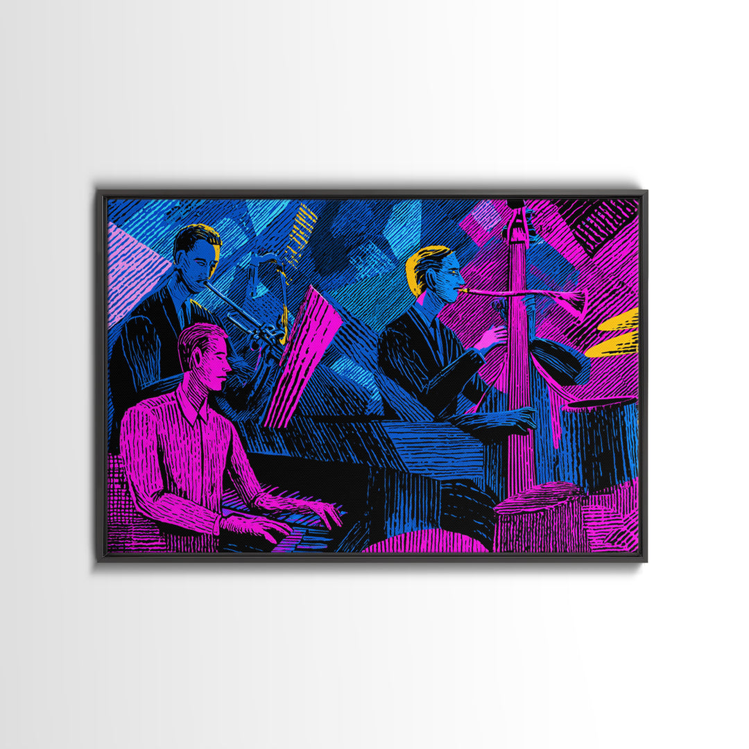 Electric Blue Magenta Jazz Club Trio Wall Art, Midcentury Modern Art Print, Neon Retro Piano Bass Music Room Decor, Poster