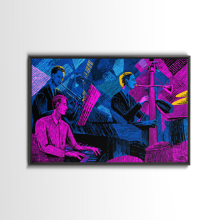 Electric Blue Magenta Jazz Club Trio Wall Art, Midcentury Modern Art Print, Neon Retro Piano Bass Music Room Decor, Poster