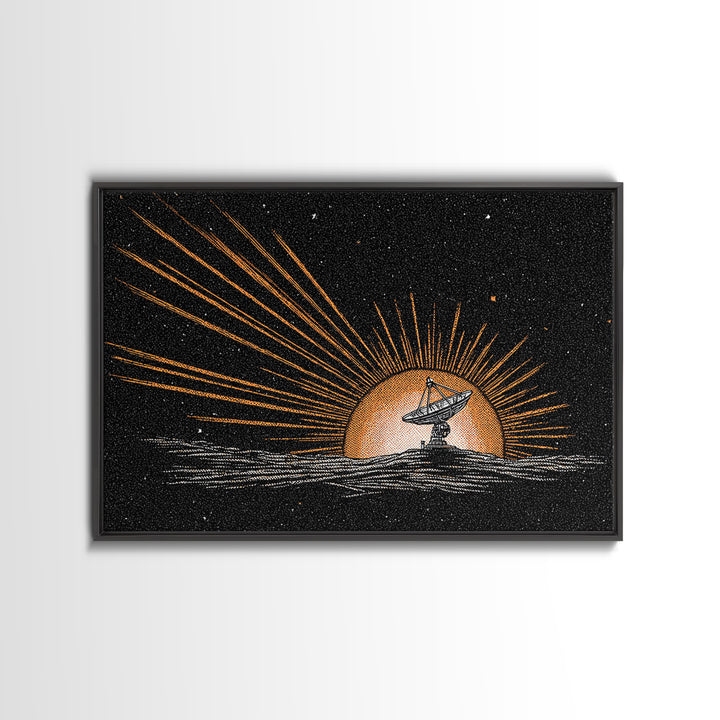 Tiny Satellite Dish On Orange Planet Wall Art, Retro Sci Fi Space Poster, Mid Century Modern Abstract Art Print, Man Cave Decor