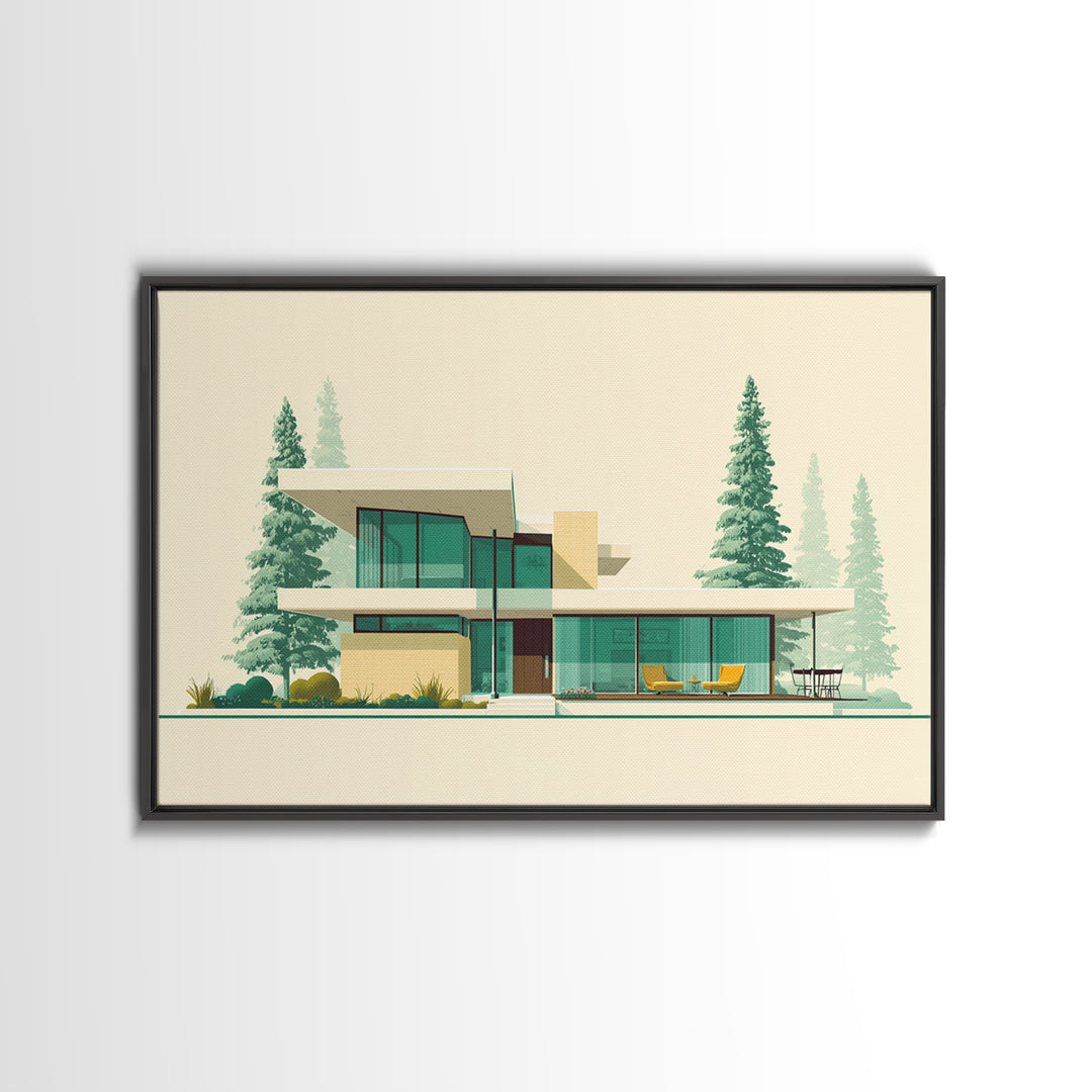 Minimal Glass House With Pines Framed Canvas Print, Mid Century Modern Architecture Wall Art, Scandinavian Modern Home Decor