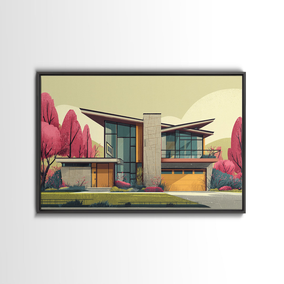 Angular Modern Home With Pink Trees Wall Art, Mid Century Modern Architecture Print, Colorful Retro Home Decor, MCM Poster