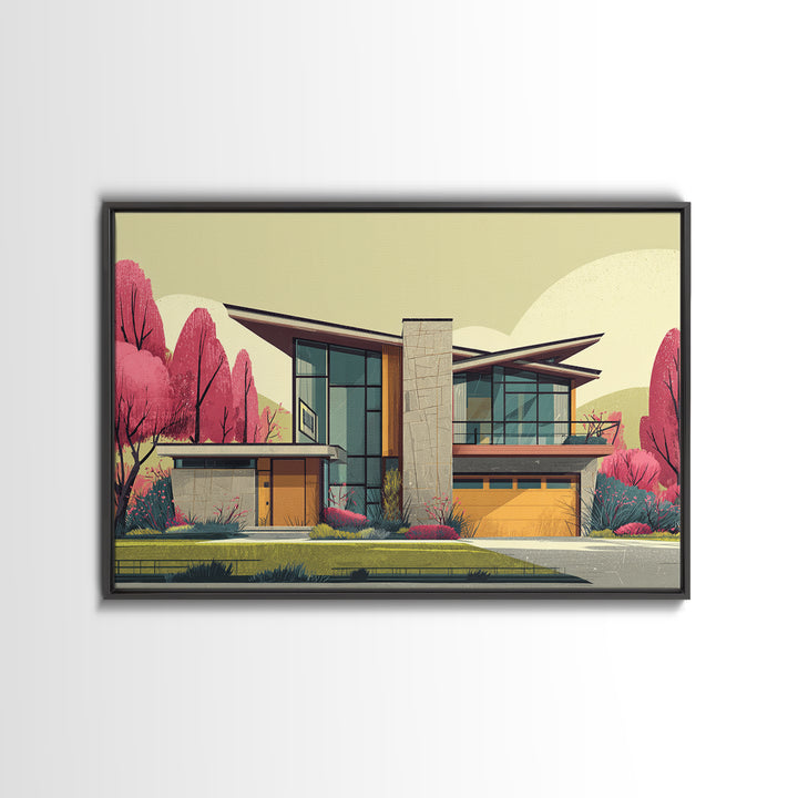 Angular Modern Home With Pink Trees Wall Art, Mid Century Modern Architecture Print, Colorful Retro Home Decor, MCM Poster