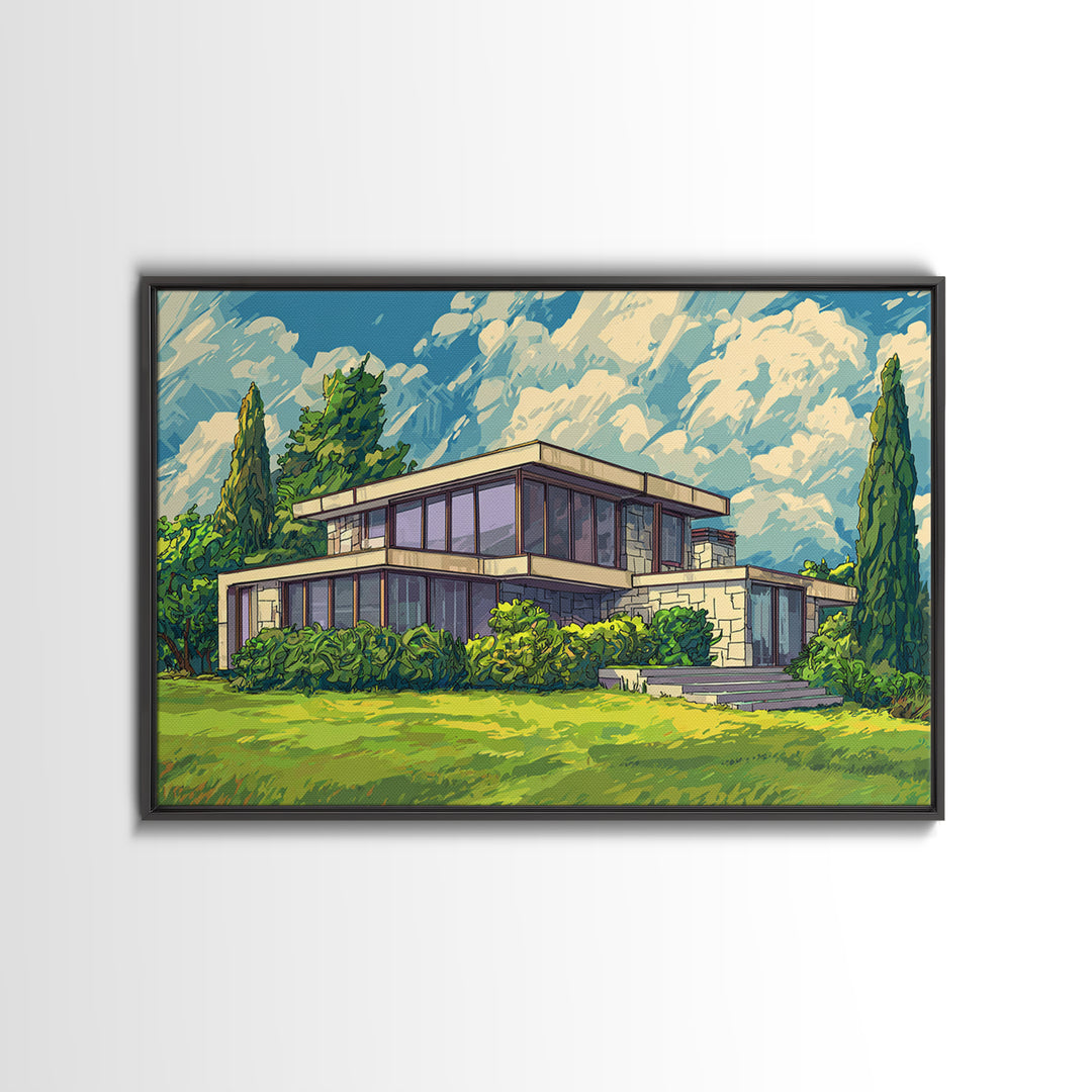 Sunlit Glass Villa And Cypress Garden Canvas Print, Mid Century Modern Wall Art, Architectural Landscape Poster, Living Room Decor