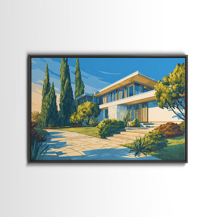 Blue Sky Modernist Villa With Cypress Framed Canvas Print, Mid Century Modern Wall Art, Palm Springs Style Home Decor Poster
