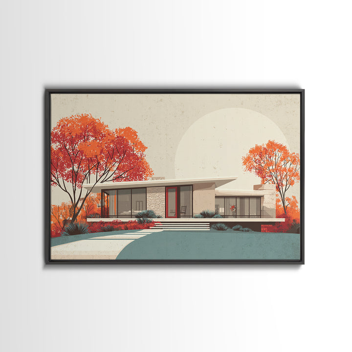 Autumn Mid Century House With Orange Trees Wall Art, Retro Modern Architecture Print, MCM Home Decor, Large Canvas Poster