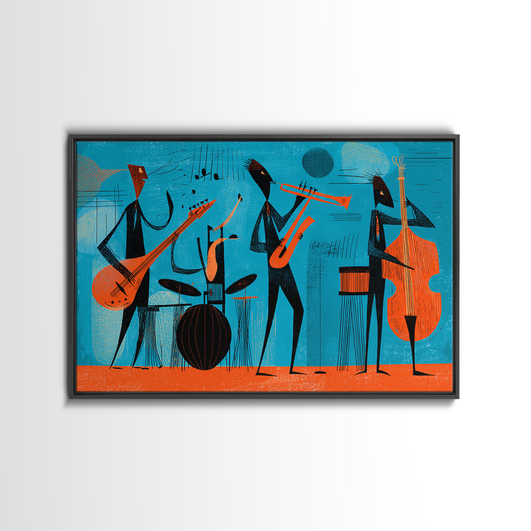Teal Orange Midcentury Jazz Band With Drums And Bass Canvas Print, Atomic Modern Wall Art, Retro Music Room Decor, Poster
