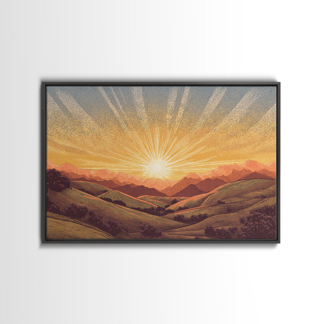 Golden Sunrise Over Rolling Hills Wall Art, Scenic Landscape Poster, Mid Century Modern Nature Art, Warm Bedroom Decor Print