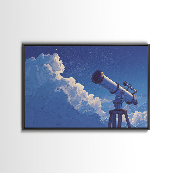 Blue Cloud Telescope Framed Canvas Print, Dreamy Night Sky Illustration, Astronomy Wall Decor For Modern Bedroom And Office Art