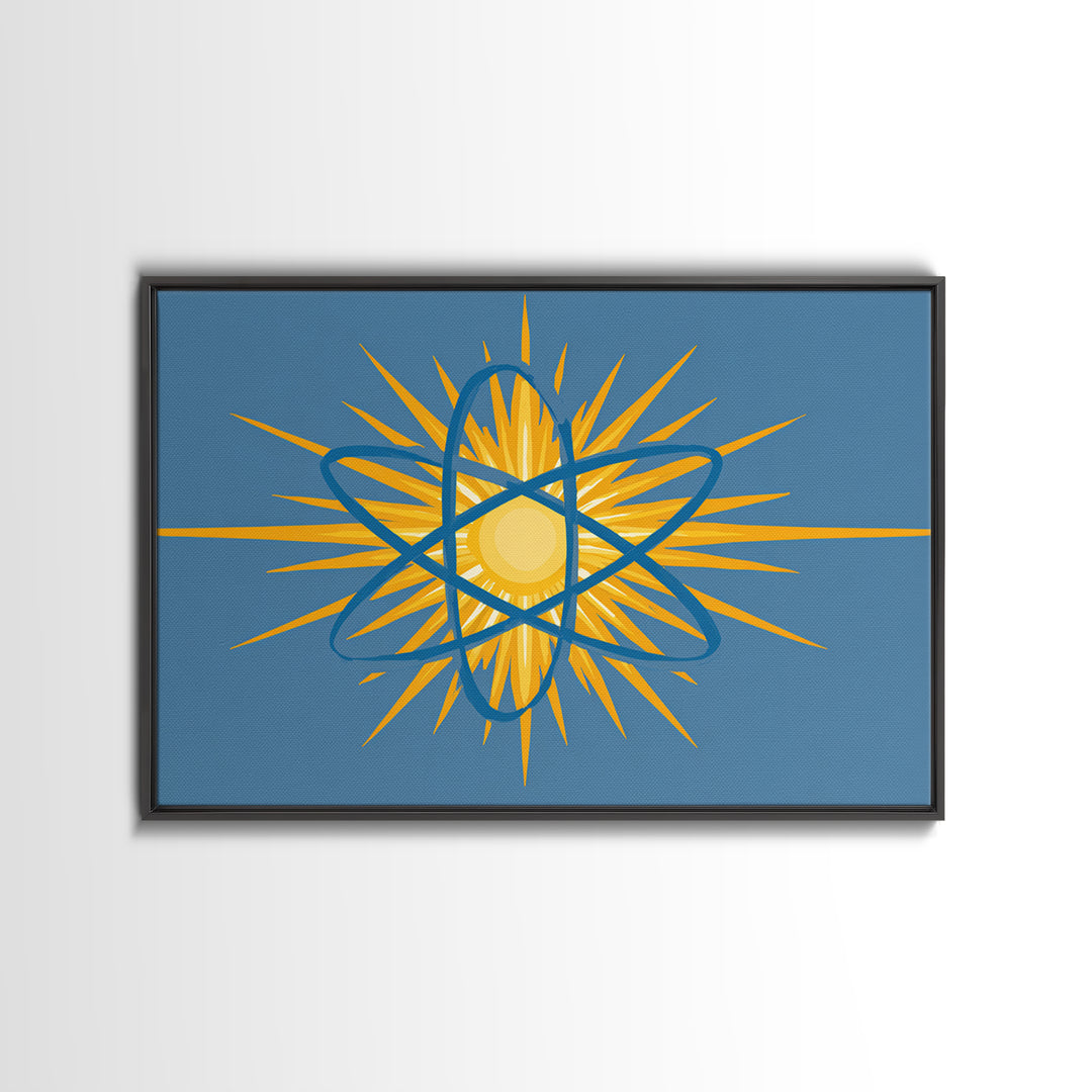 Blue Atom Sunburst Wall Art, Mid Century Modern Science Print, Atomic Geometric Poster For Office And Kids Room Home Decor