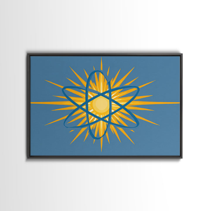 Blue Atom Sunburst Wall Art, Mid Century Modern Science Print, Atomic Geometric Poster For Office And Kids Room Home Decor