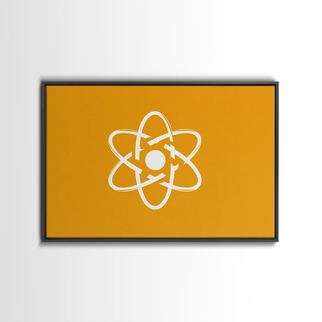 White Atom Symbol Canvas Print, Minimal Orange Science Poster, Mid Century Modern Wall Art For Office And Classroom Decor