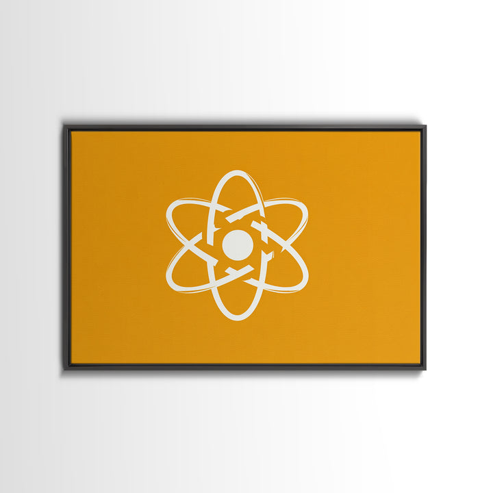 White Atom Symbol Canvas Print, Minimal Orange Science Poster, Mid Century Modern Wall Art For Office And Classroom Decor