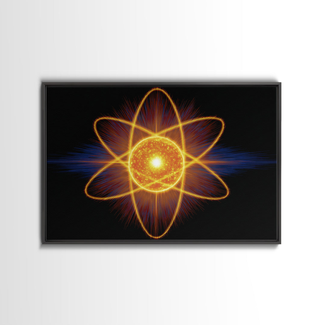 Glowing Atom Energy Wall Art, Black Space Science Print, Atomic Mid Century Modern Poster For Office And Man Cave Home Decor