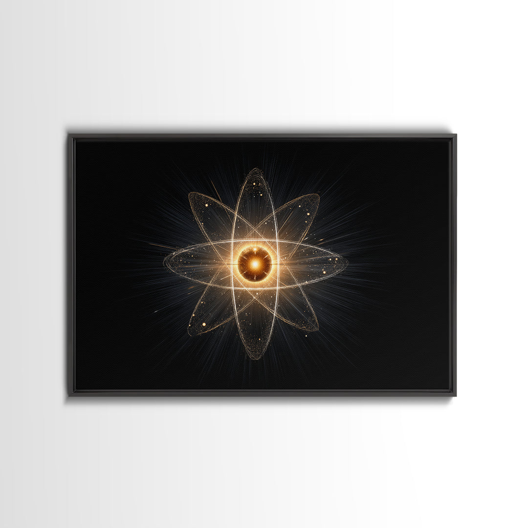 Glowing Atomic Starburst Orbit Wall Art, Midcentury Modern Science Poster, Black Gold Abstract Art Print, Retro Space Decor