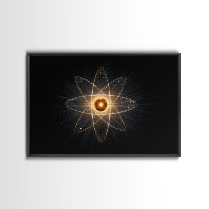 Glowing Atomic Starburst Orbit Wall Art, Midcentury Modern Science Poster, Black Gold Abstract Art Print, Retro Space Decor
