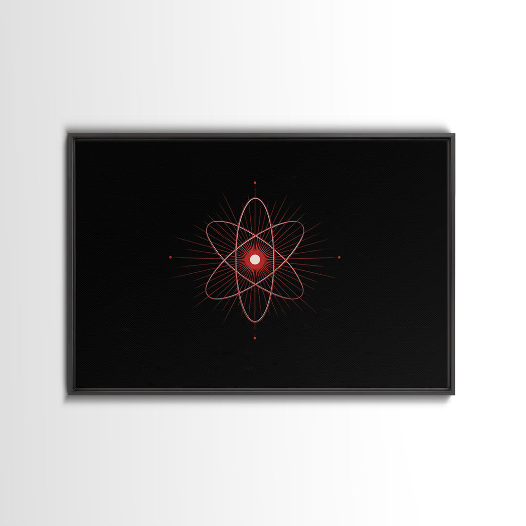 Red Atomic Orbit Canvas Print, Minimal Midcentury Science Poster, Black Space Wall Decor, Geometric Modern Abstract Art Print