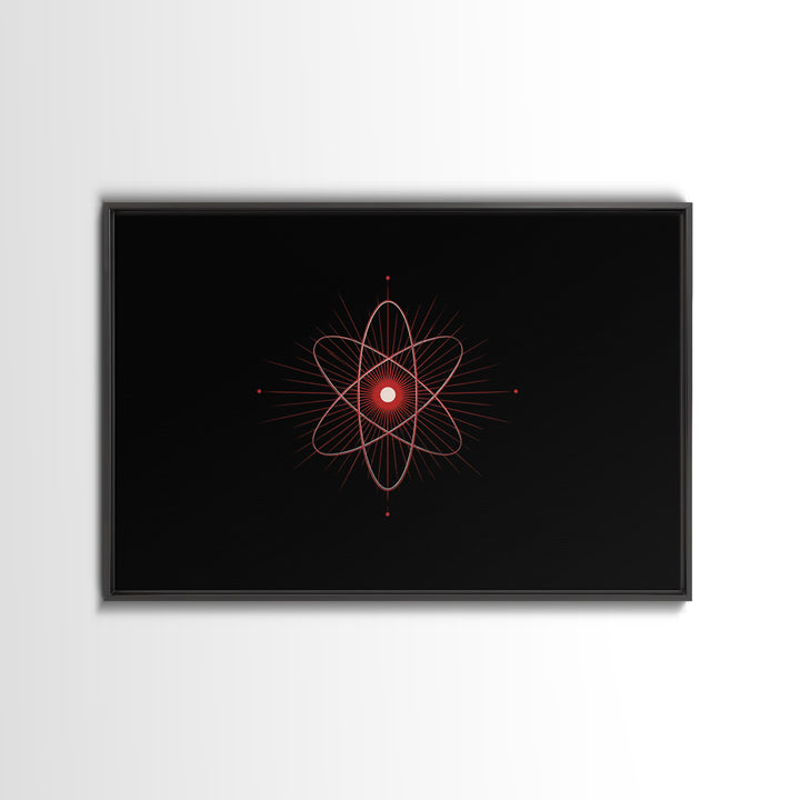 Red Atomic Orbit Canvas Print, Minimal Midcentury Science Poster, Black Space Wall Decor, Geometric Modern Abstract Art Print