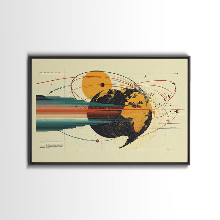 Retro Globe Orbit Wall Art, Midcentury Modern Map Poster, Orange Sun Abstract Geometric Print, Stylish MCM Home Office Decor