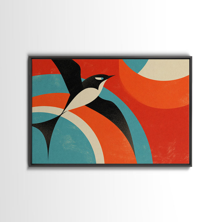 Modern Penguin Bird With Red Sun Canvas Print, Mid Century Modern Wall Decor, Retro Geometric Poster, Colorful Nursery Art