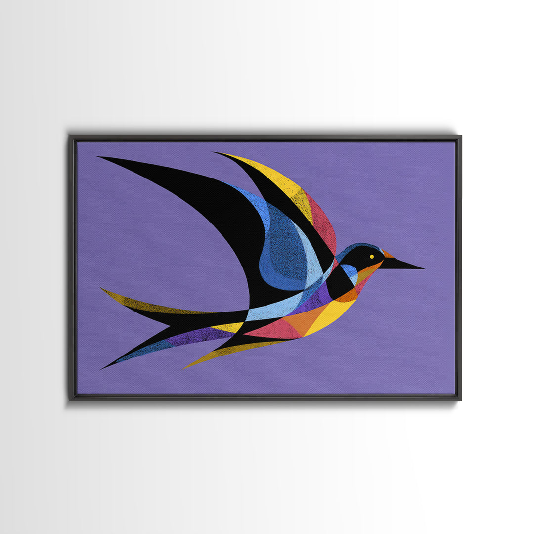 Colorful Swallow Bird On Purple Framed Canvas Print, Mid Century Modern Wall Art, Retro Atomic Decor, Geometric Art Print