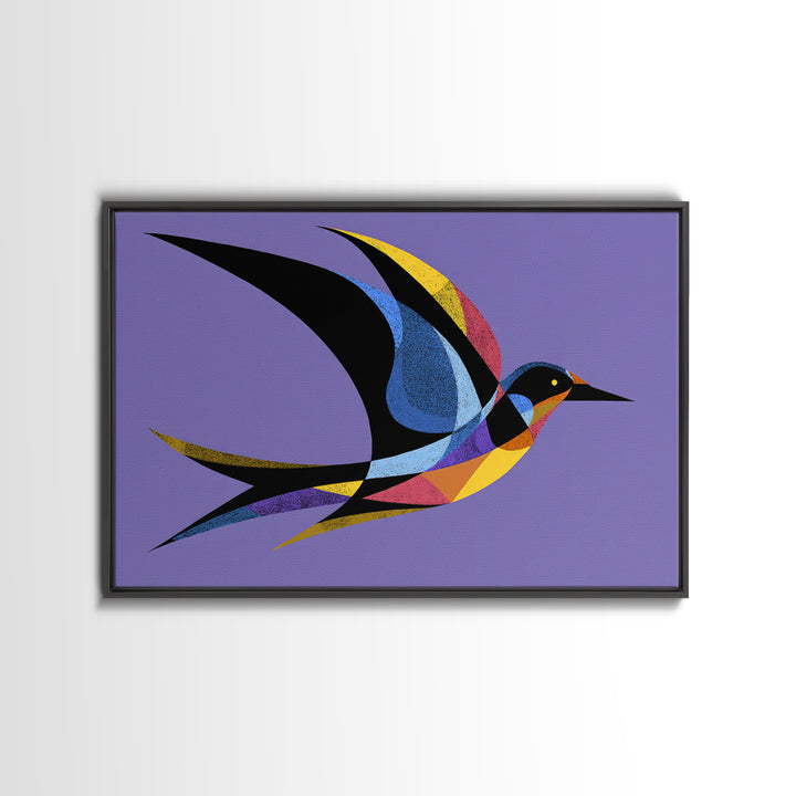 Colorful Swallow Bird On Purple Framed Canvas Print, Mid Century Modern Wall Art, Retro Atomic Decor, Geometric Art Print