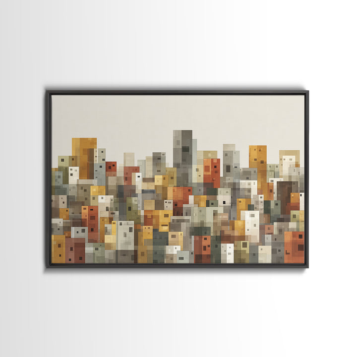 Whimsical Cubist City Blocks Canvas Print, Mid Century Modern Wall Art, Geometric Buildings Decor, Kids Room Cityscape Poster