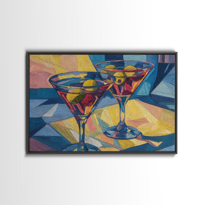 Cubist Martini Glasses With Olives Framed Canvas Print, Retro Cocktail Wall Art, Mid Century Modern Bar Cart Kitchen Decor