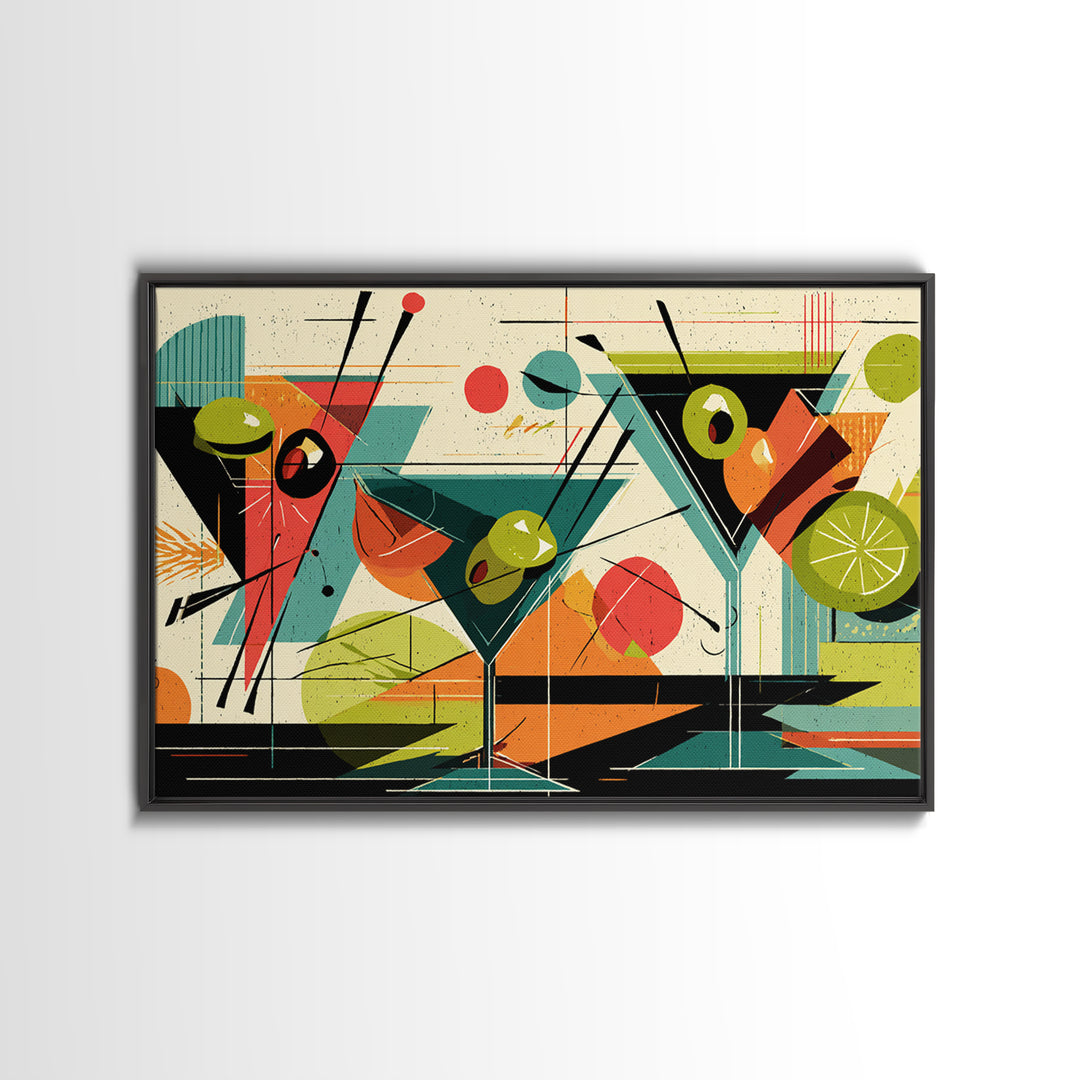 Olive Martini Glasses With Lime, Midcentury Modern Wall Art, Retro Cocktail Print, Atomic Bar Decor, Colorful MCM Poster