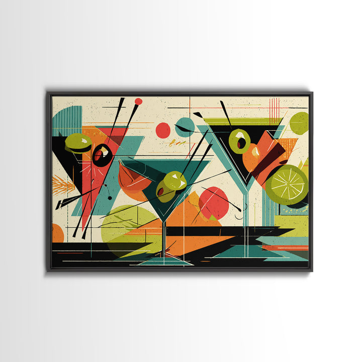 Olive Martini Glasses With Lime, Midcentury Modern Wall Art, Retro Cocktail Print, Atomic Bar Decor, Colorful MCM Poster