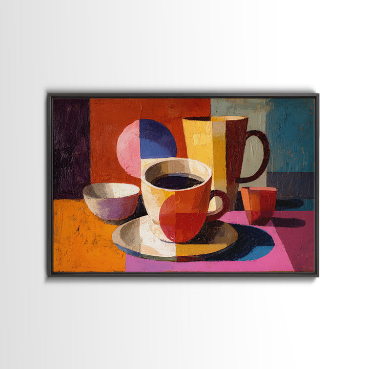 Cubist Coffee Cups Still Life, Framed Canvas Print, Midcentury Kitchen Art, Retro Coffee Poster, Colorful Home Decor Print