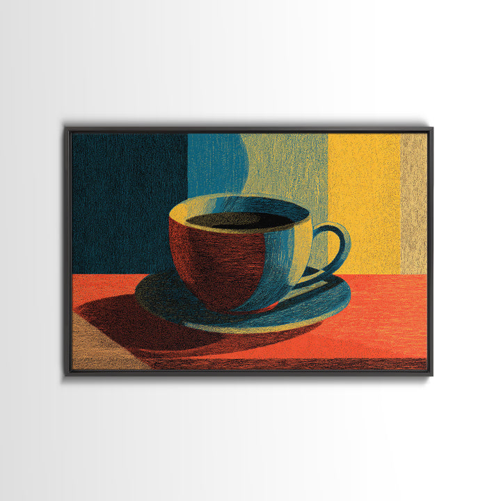 Sunlit Coffee Cup Still Life, Canvas Print, Midcentury Modern Art, Retro Kitchen Poster, Warm Orange Blue Wall Decor Print