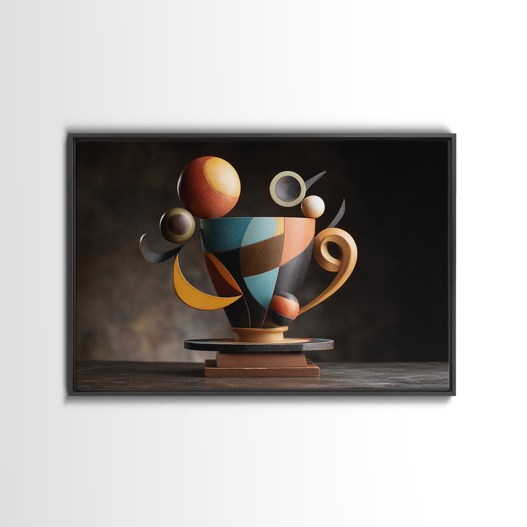 Geometric Sculptural Teacup Still Life, Framed Canvas Print, Midcentury Modern Artwork, Abstract Coffee Decor Statement Piece