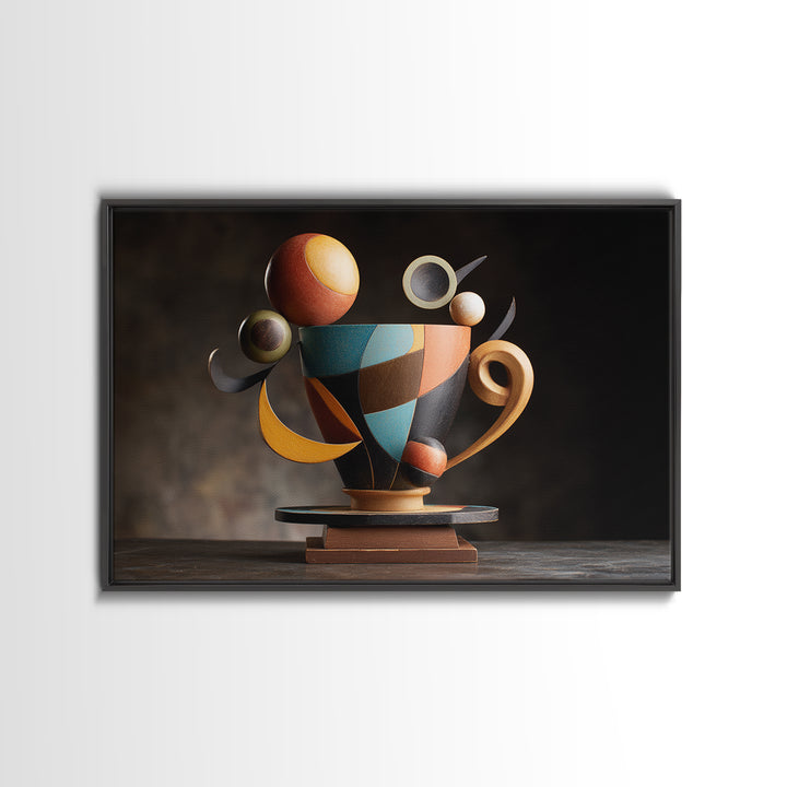 Geometric Sculptural Teacup Still Life, Framed Canvas Print, Midcentury Modern Artwork, Abstract Coffee Decor Statement Piece