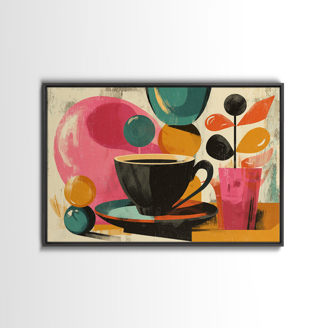 Black Coffee Cup With Pink Circles, Midcentury Modern Wall Art, Retro Cafe Poster, Abstract Botanical Shapes Home Decor Print