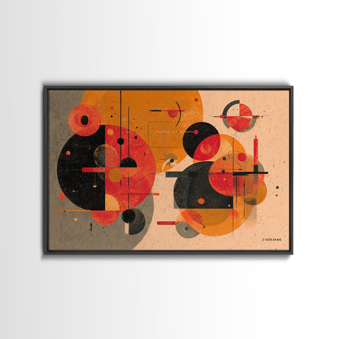 Orange Black Geometric Circles Canvas Print, Midcentury Modern Art, Atomic Retro Poster, Abstract Wall Decor For Living Room
