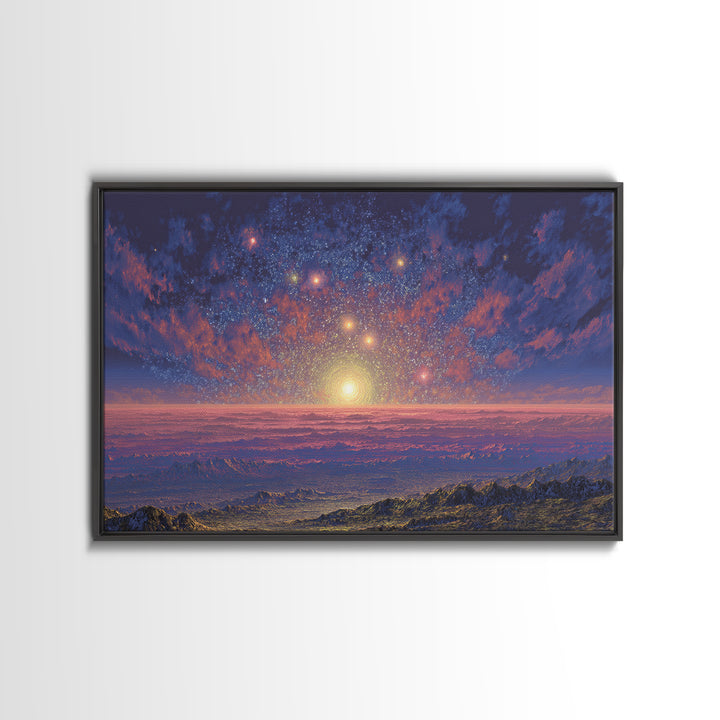 Starry Mountain Sunrise Canvas Print, Scenic Space Abstract Art, Blue Pink Landscape Wall Decor, Modern Home Art Poster Gift