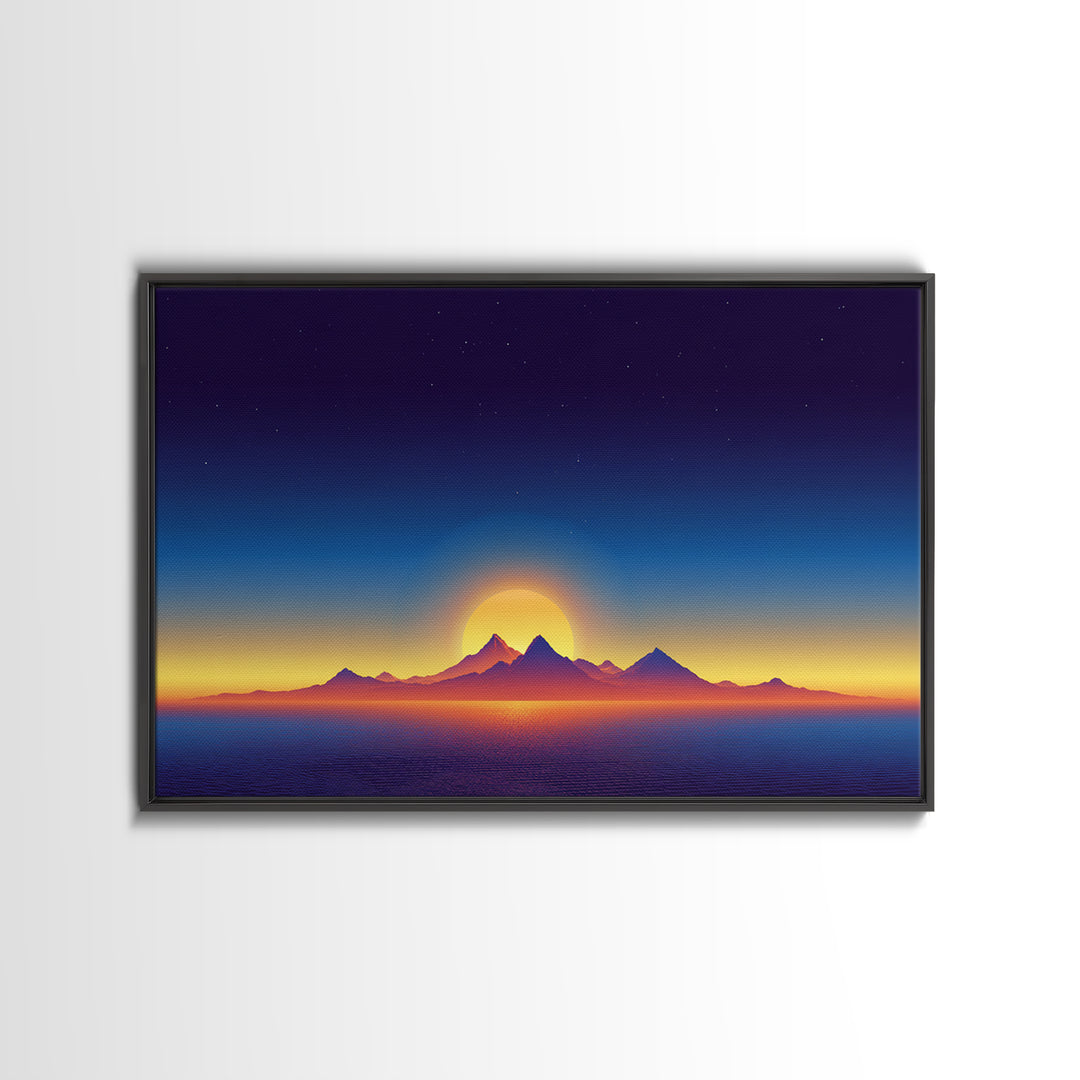 Minimal Island Sunrise Canvas Print, Retro Sunset Poster, Blue Yellow Ocean Landscape Wall Decor, Modern Home Art Gift Print