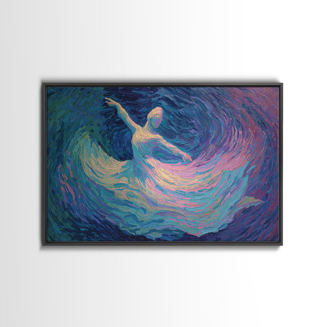 Swirling Ballerina Dancer Framed Canvas Print, Blue Purple Impressionist Wall Art, Romantic Fine Art For Bedroom Decor Gift