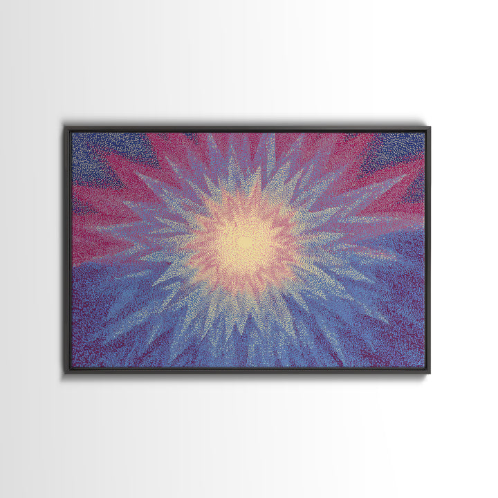 Pink And Blue Radiant Starburst Wall Art, Midcentury Modern Abstract Sun Print, Psychedelic Pointillism Decor Poster For Bedroom