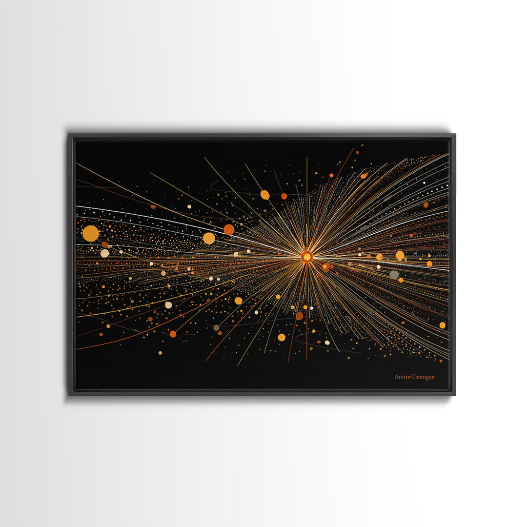 Golden Starburst Lines And Dots Canvas Print, Modern Abstract Art, Atomic Retro Wall Art Decor For Living Room Home Office