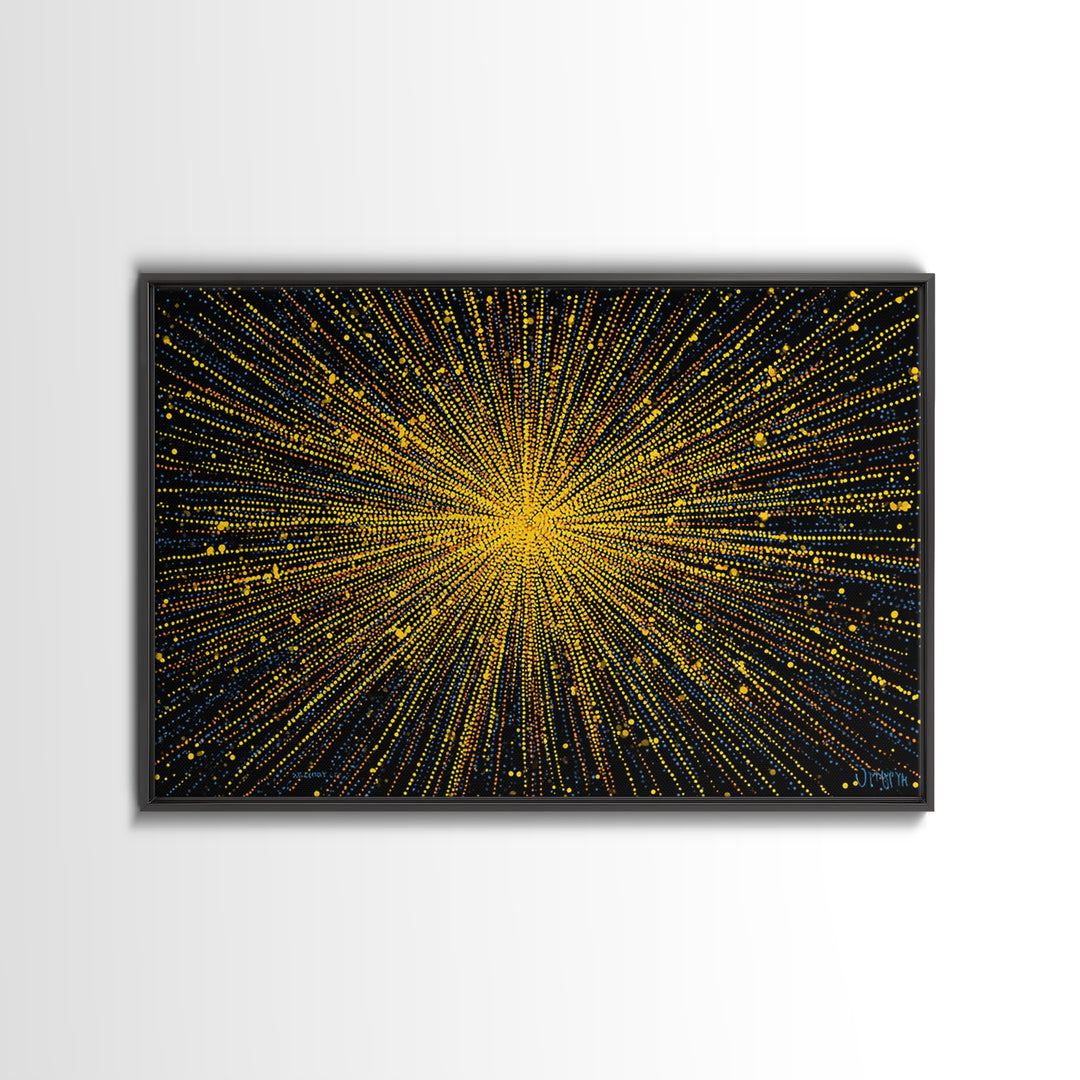 Radiant Yellow Dotted Starburst Canvas Print, Modern Abstract Art, Cosmic Retro Wall Art, Bold Geometric Decor For Home Office
