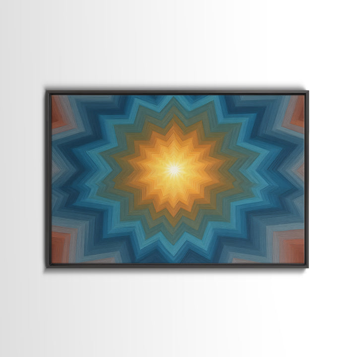 Teal And Orange Geometric Mandala Starburst Canvas Print, Midcentury Modern Wall Art, Atomic MCM Home Decor For Living Room
