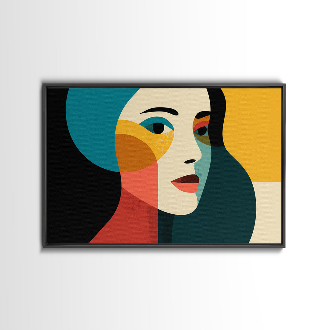 Geometric Minimal Woman Portrait Canvas Print, Midcentury Modern Wall Decor, Teal Orange Abstract Art, Retro MCM Home Decor