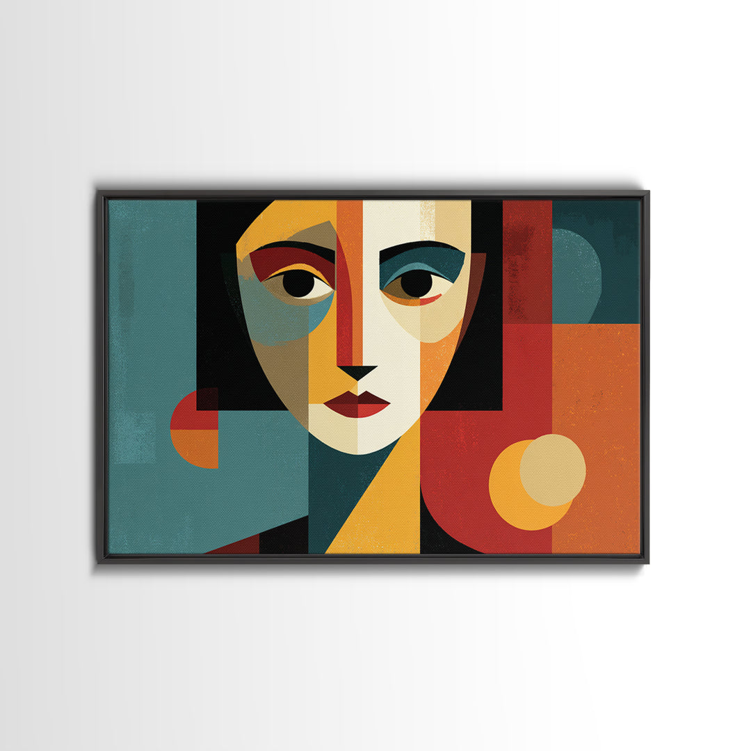 Cubist Geometric Woman Face Framed Canvas Print, Midcentury Modern Art, Bauhaus Poster, Color Block Living Room Wall Decor